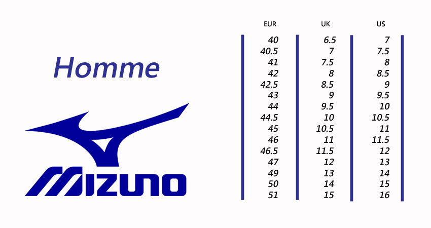 Mizuno Guide de Pointures Chaussures Mizuno